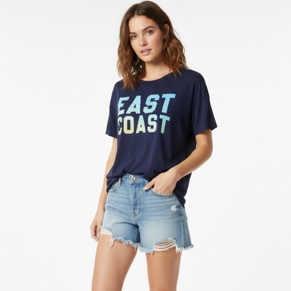 Rebel Society East Coast T-Shirt Navy Blue with Blue/Green Gradient Text Size M